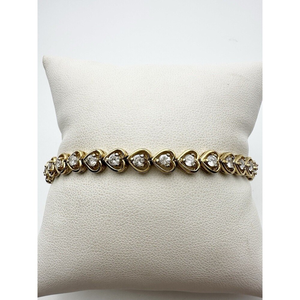925 Sterling Silver Gold Vermeil Round C Z Heart Tennis Bracelet 7.5”